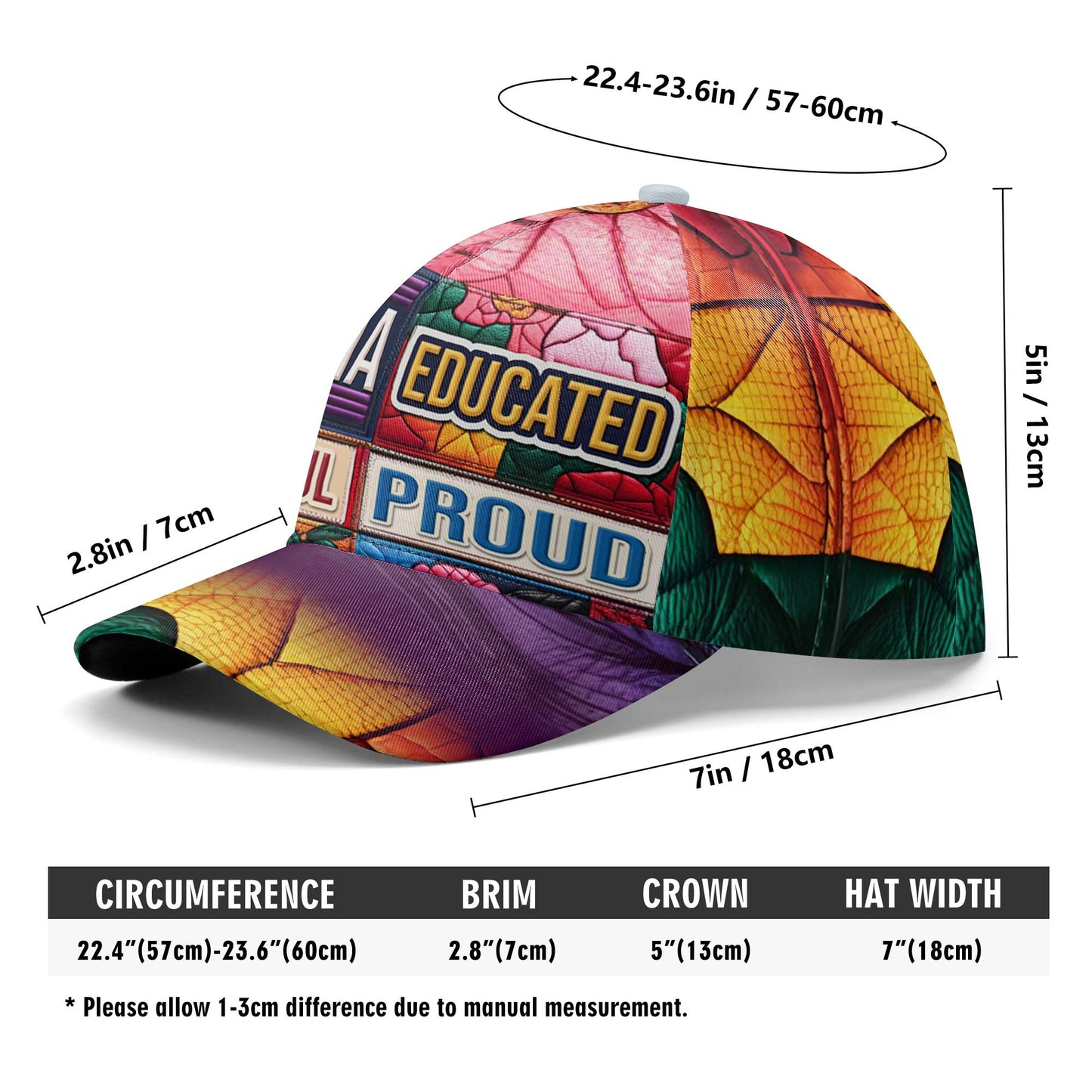 Gorra de béisbol personalizada, con estampado integral, educada, poderosa y orgullosa - HS054_BAC