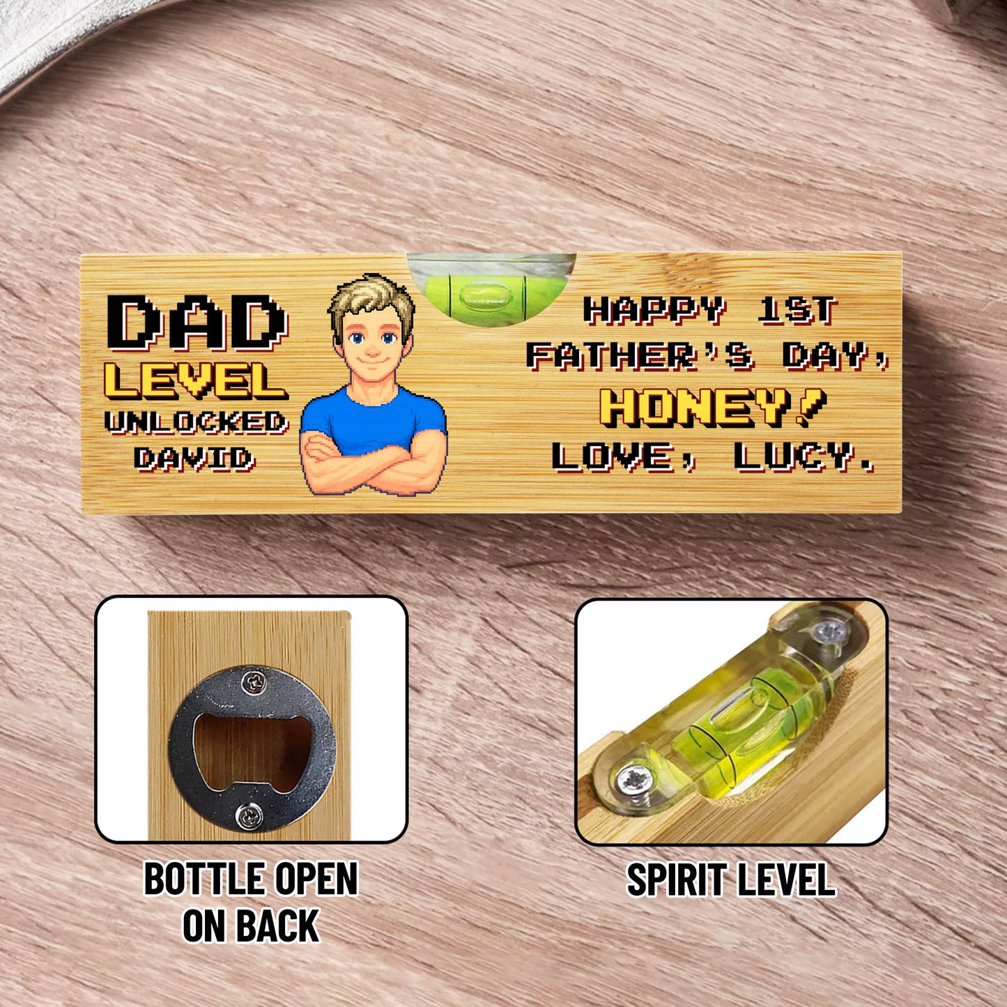 Nivel de Papá desbloqueado, Feliz primer día del padre, Nivel con abrebotellas - Nivel de madera personalizado con abrebotellas - HSB001_PLEV