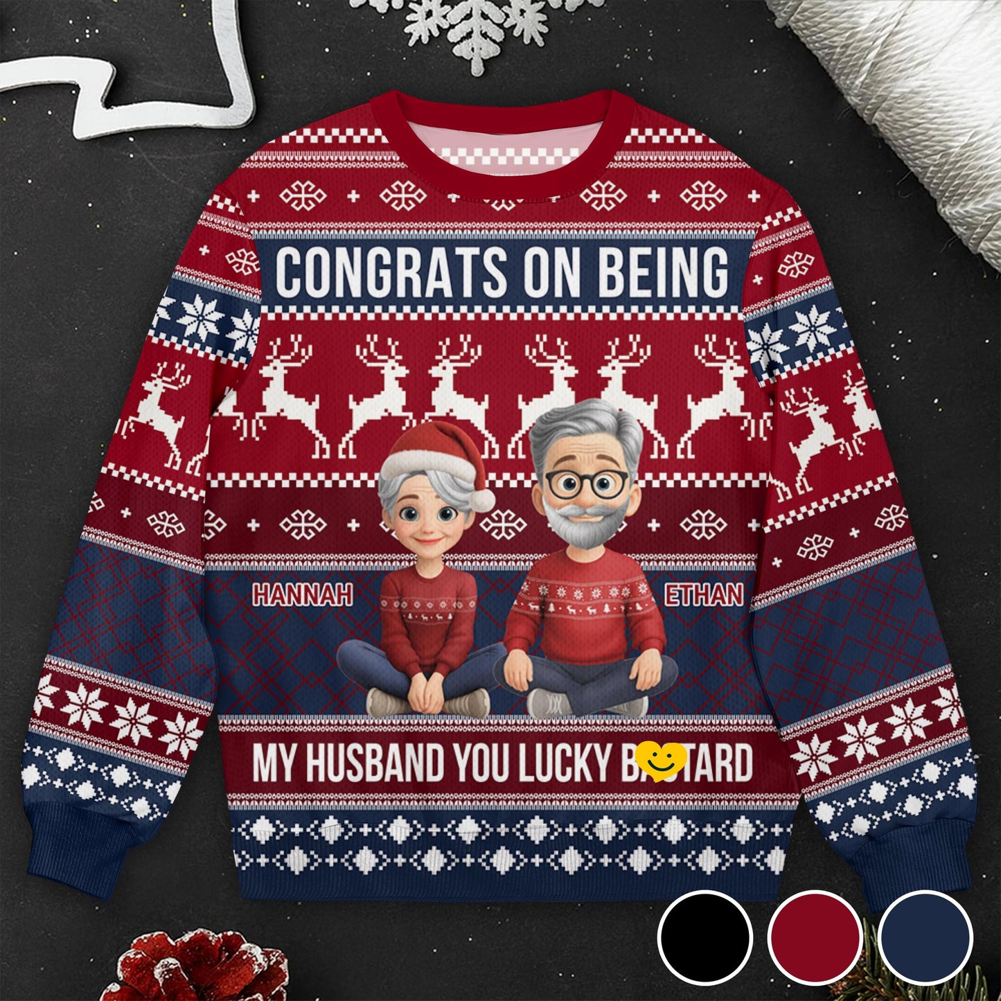 Congrats On Being My Husband, Snowflakes And Reindeer - Personalized Custom Ugly Sweatshirt, Unisex Wool Jumper  - HSB055_TWS