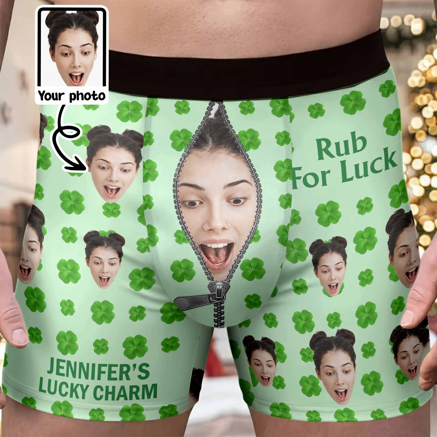 Rub For Luck Lucky Charm Clover And Zipper Face Photo - Personalized Men's Boxer Briefs - HSB082_MENB