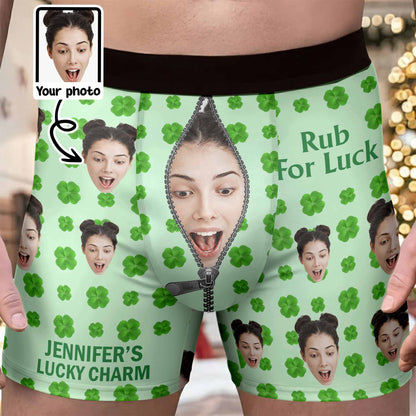 Rub For Luck Lucky Charm Clover And Zipper Face Photo - Personalized Men's Boxer Briefs - HSB082_MENB