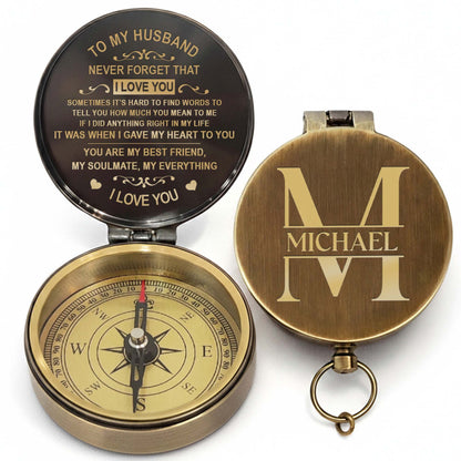 To My Husband Never Forget I Love You Heart And Swirl Engraving - Personalized Engraved Brass Compass - HSB087_ECPASS