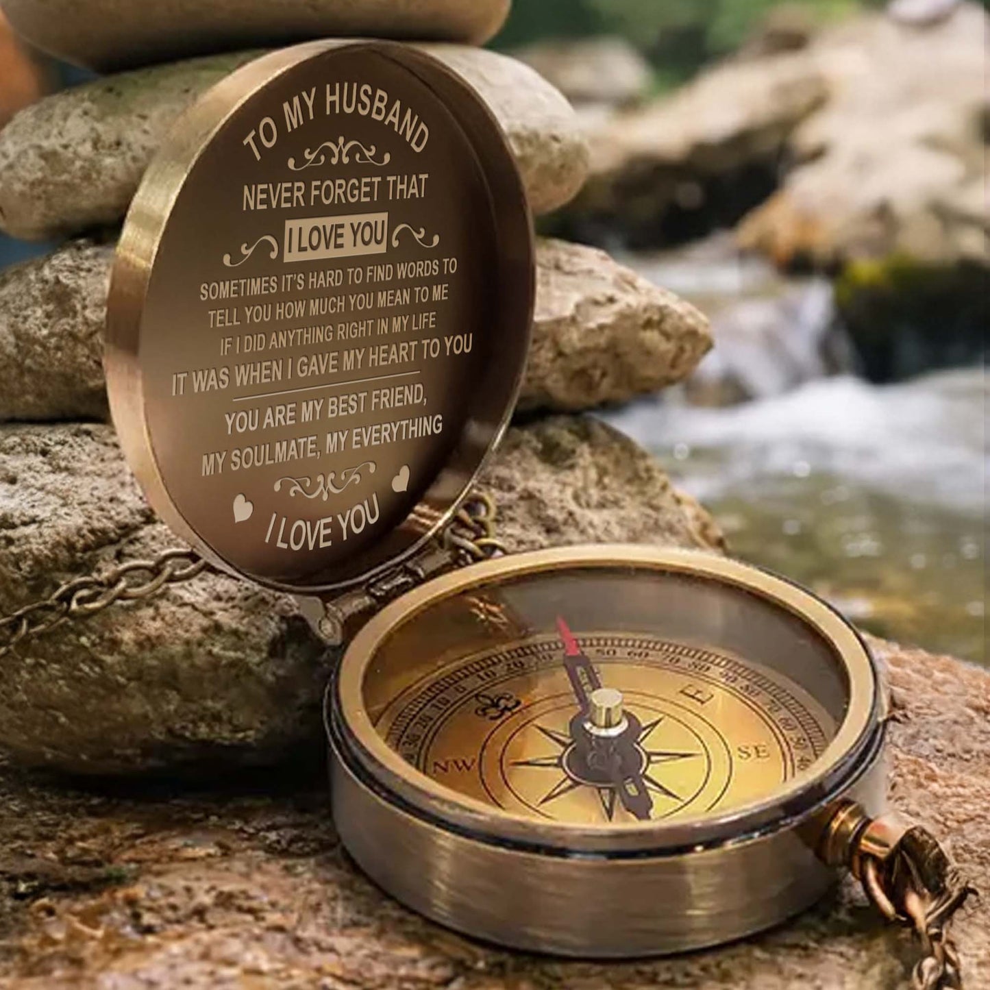 To My Husband Never Forget I Love You Heart And Swirl Engraving - Personalized Engraved Brass Compass - HSB087_ECPASS
