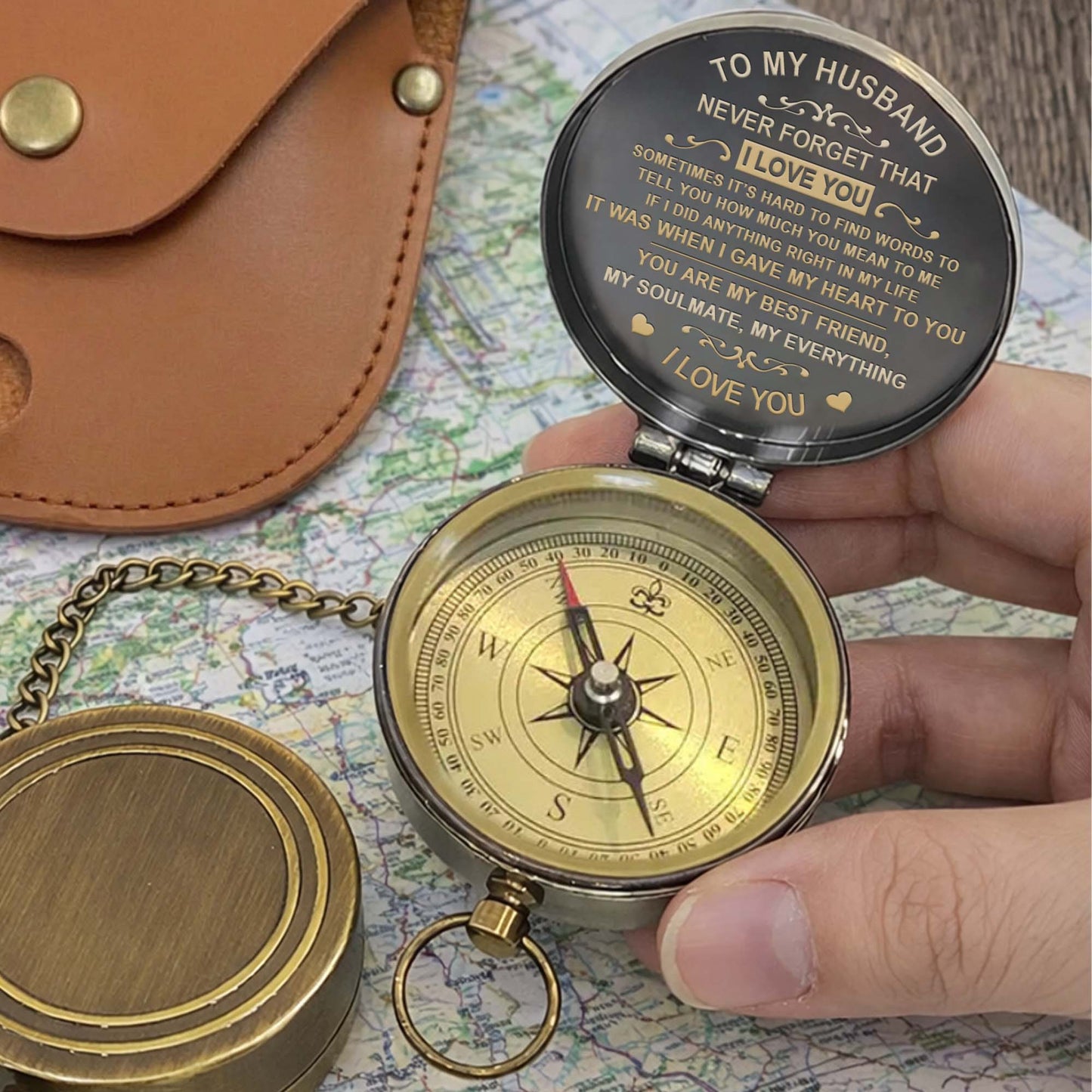 To My Husband Never Forget I Love You Heart And Swirl Engraving - Personalized Engraved Brass Compass - HSB087_ECPASS