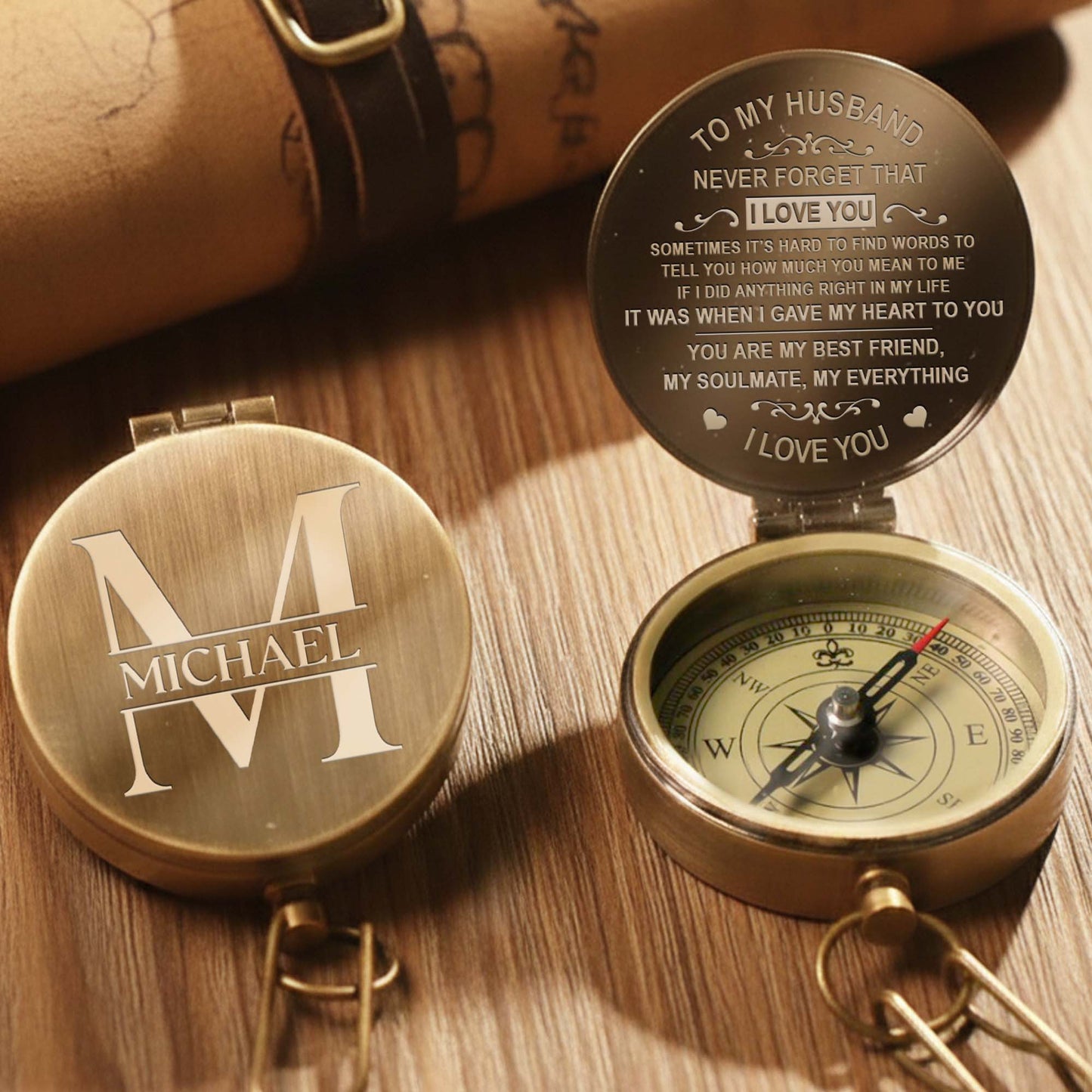To My Husband Never Forget I Love You Heart And Swirl Engraving - Personalized Engraved Brass Compass - HSB087_ECPASS