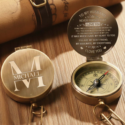 To My Husband Never Forget I Love You Heart And Swirl Engraving - Personalized Engraved Brass Compass - HSB087_ECPASS