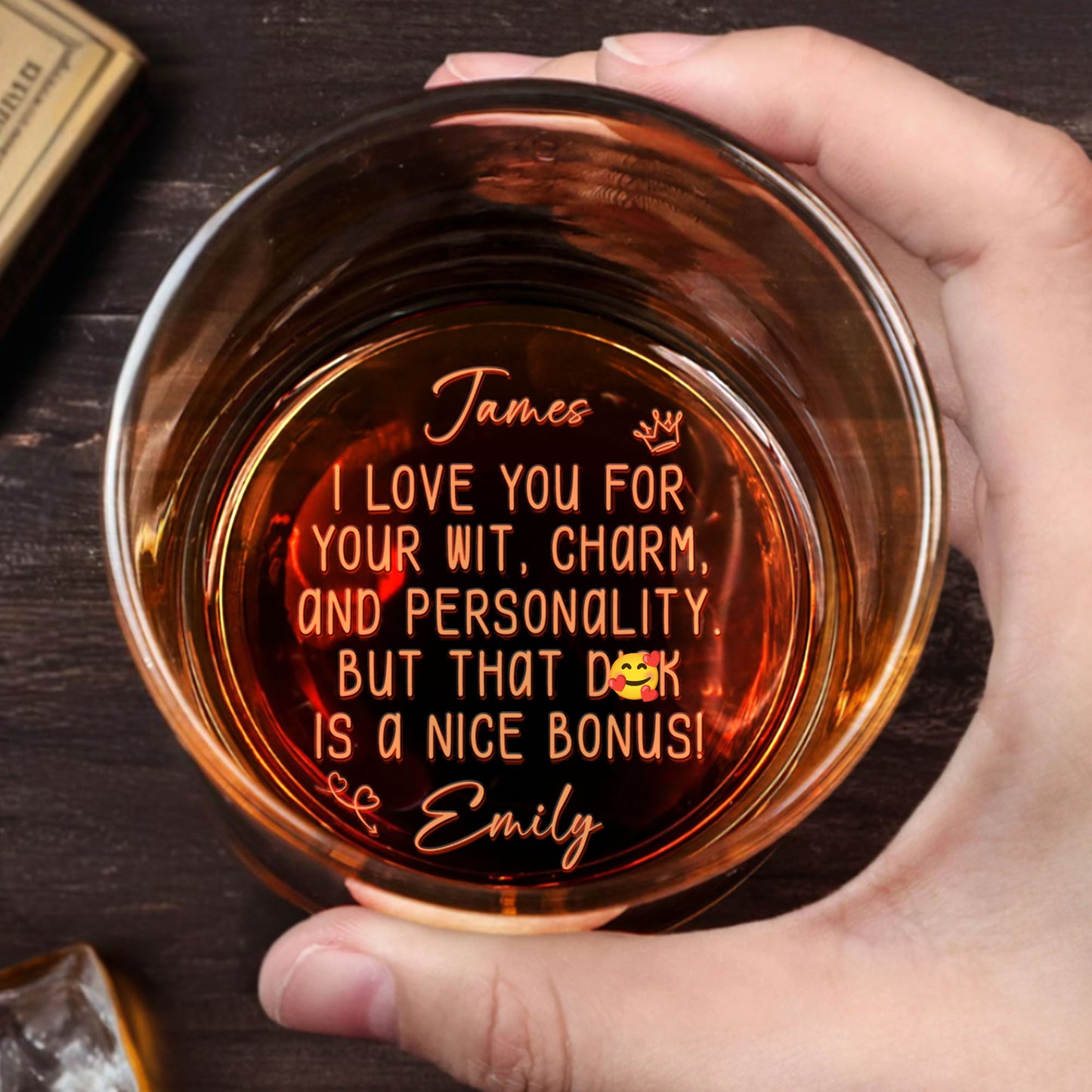 I Love You For Your Wit Charm Crown And Hearts - Personalized Engraved Whiskey Glass - HSB101_EWG