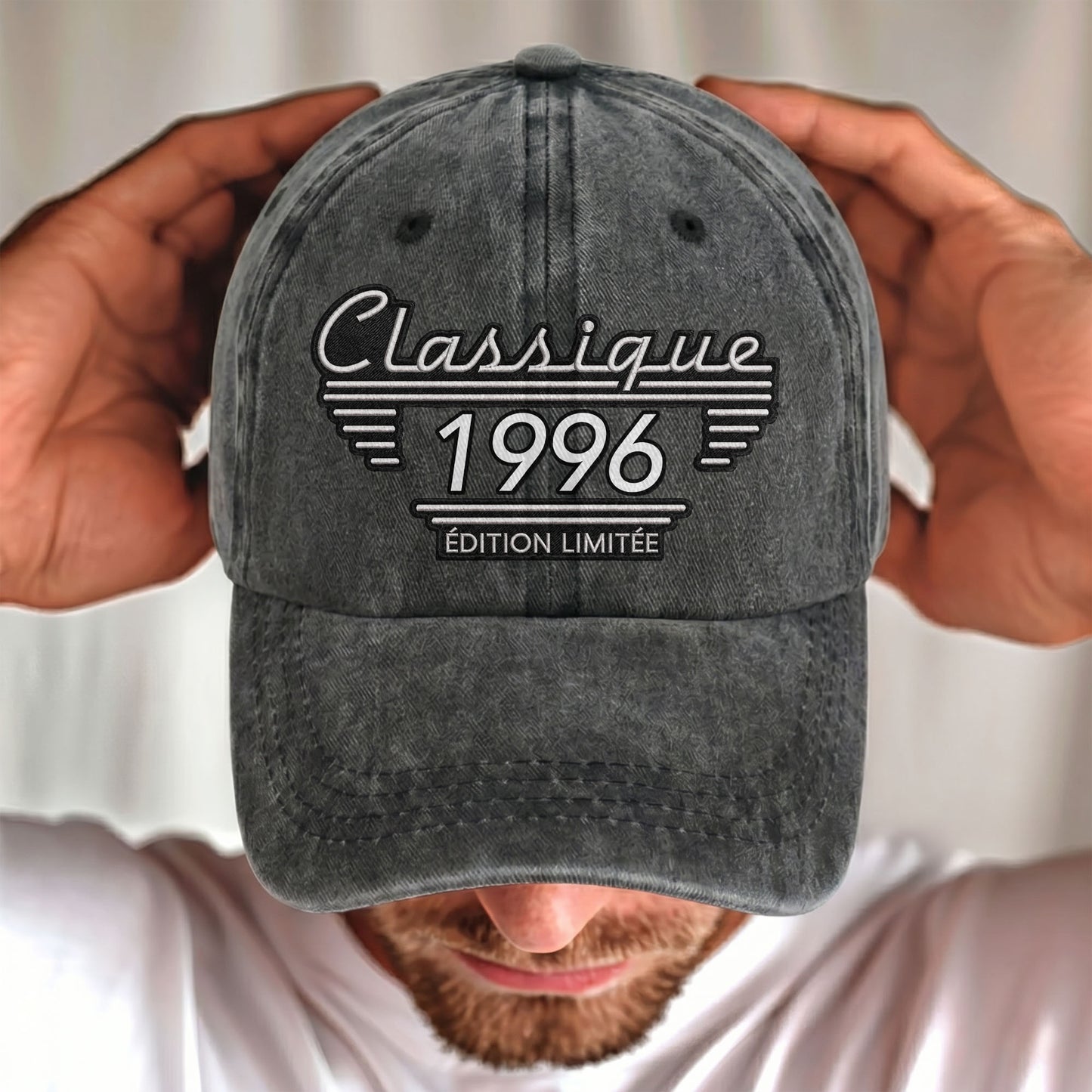 Classique Edition Limitee Retro Typography With Custom Year - Personalized Custom Washed Denim Cap - HSB113_WDCAP