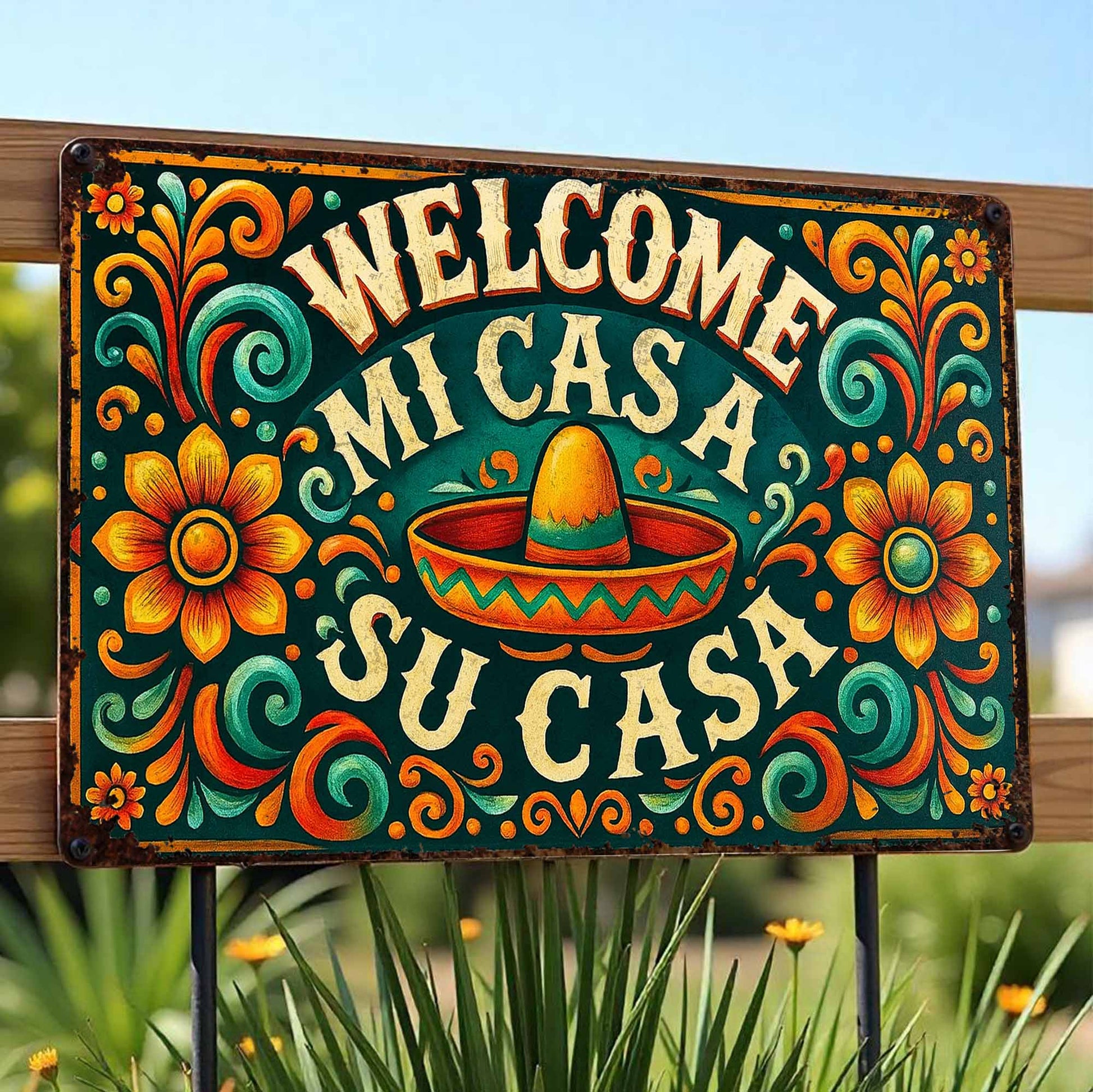 Welcome Mi Casa A Su Casa With Sombrero And Flowers