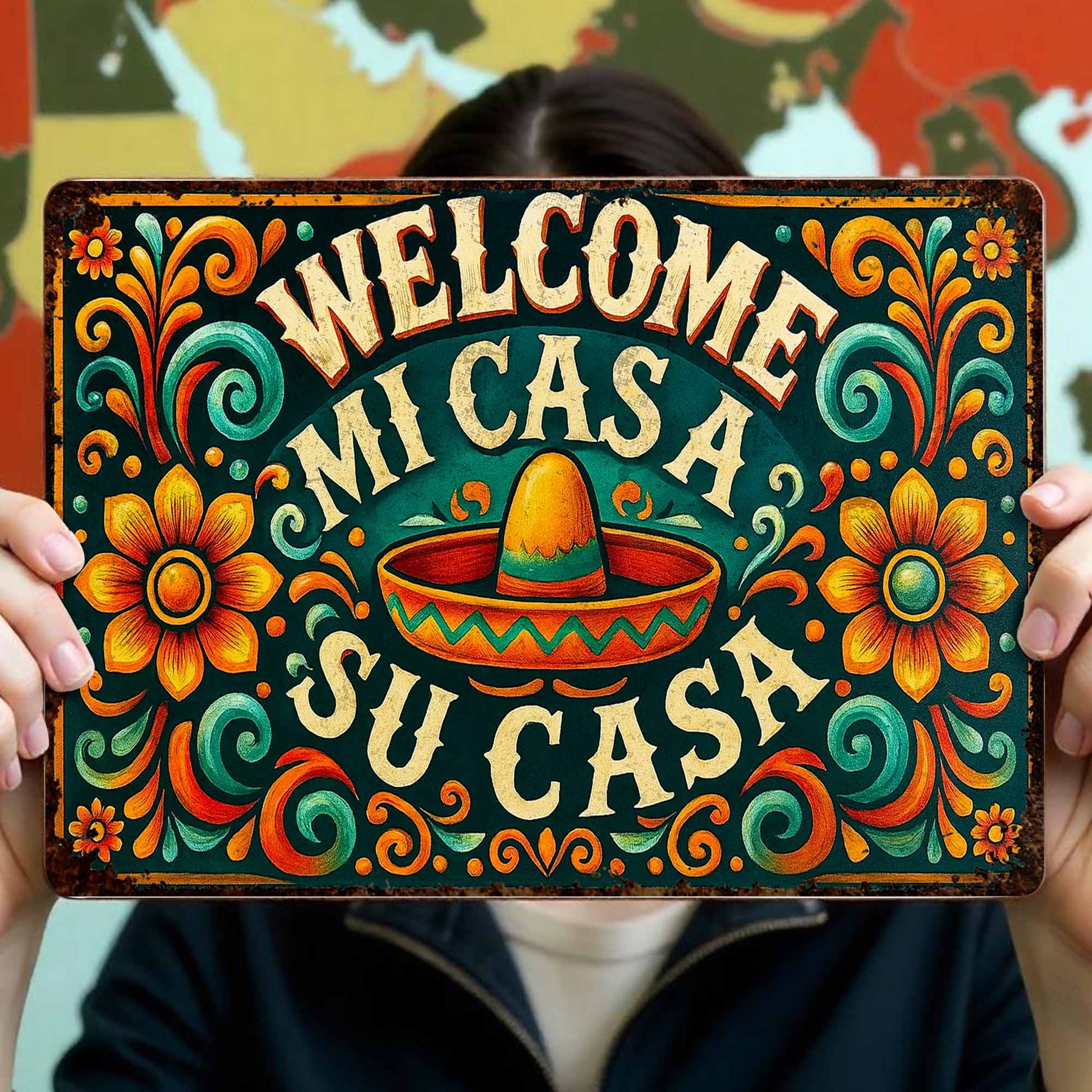 Welcome Mi Casa A Su Casa With Sombrero And Flowers