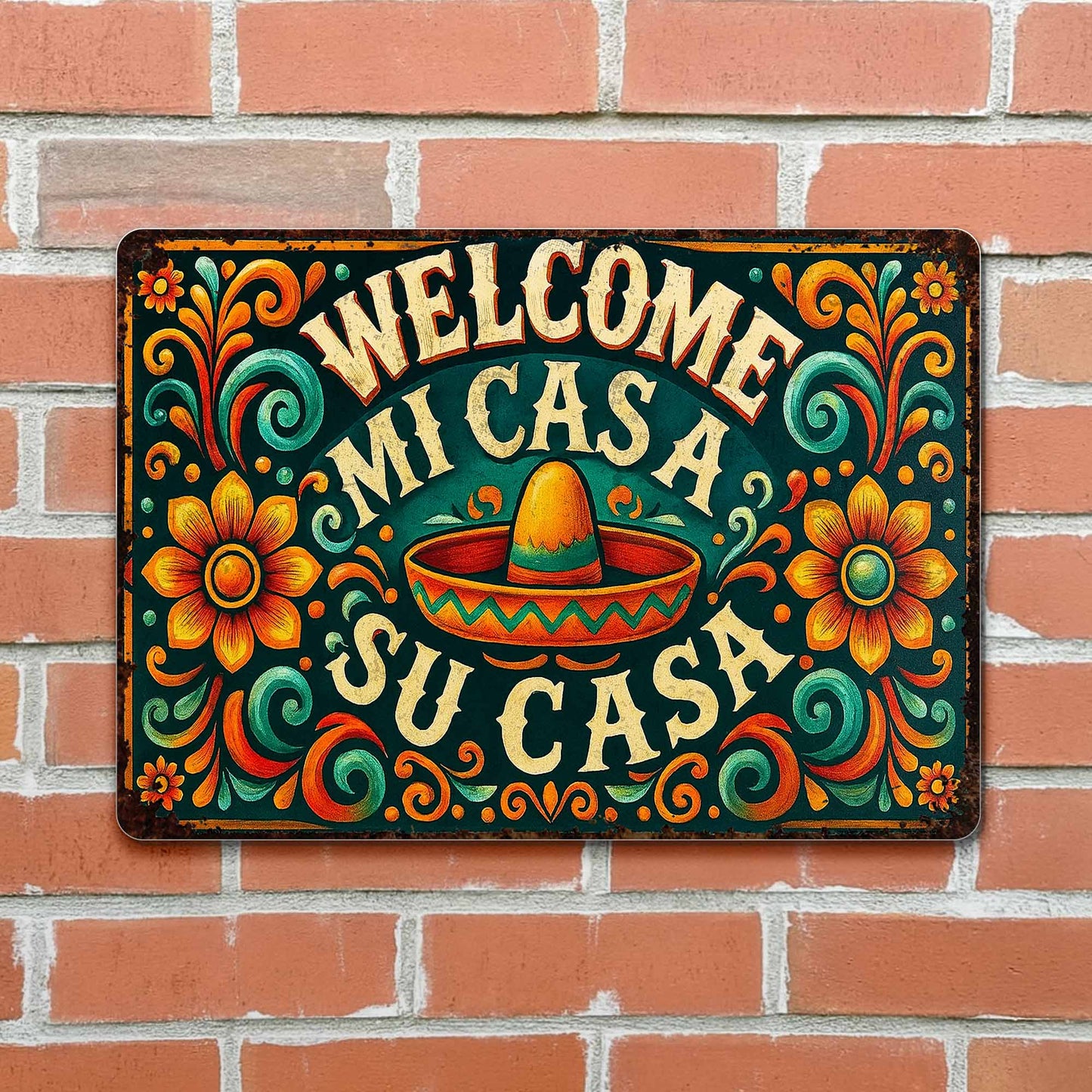 Welcome Mi Casa A Su Casa With Sombrero And Flowers