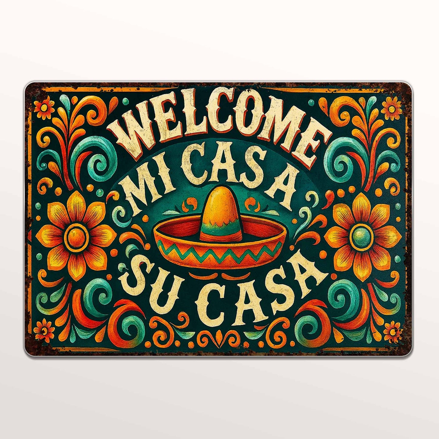 Welcome Mi Casa A Su Casa With Sombrero And Flowers