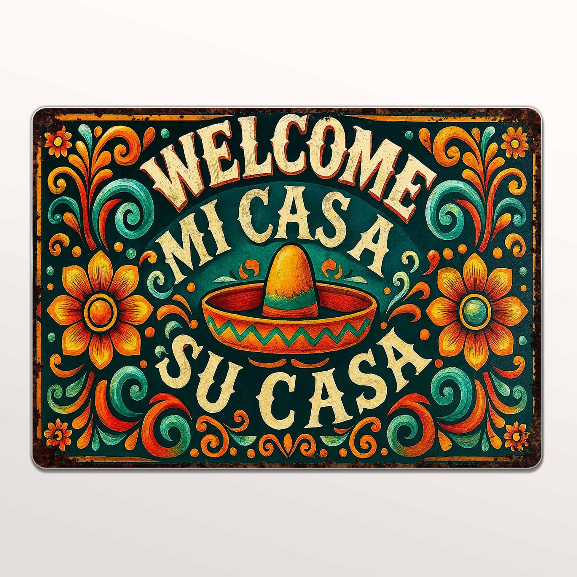 Welcome Mi Casa A Su Casa With Sombrero And Flowers
