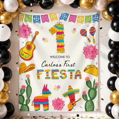 Welcome To Our First Fiesta Piñata Sombrero And Guitar - Personalized Backdrop - HSP073_BADRO