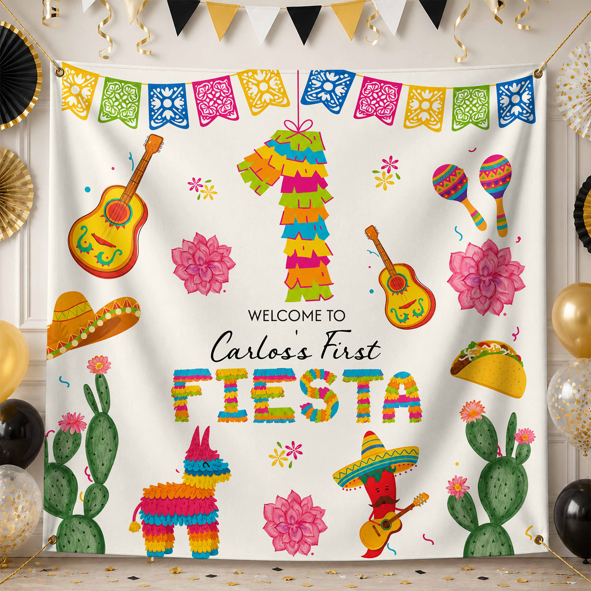 Welcome To Our First Fiesta Piñata Sombrero And Guitar - Personalized Backdrop - HSP073_BADRO