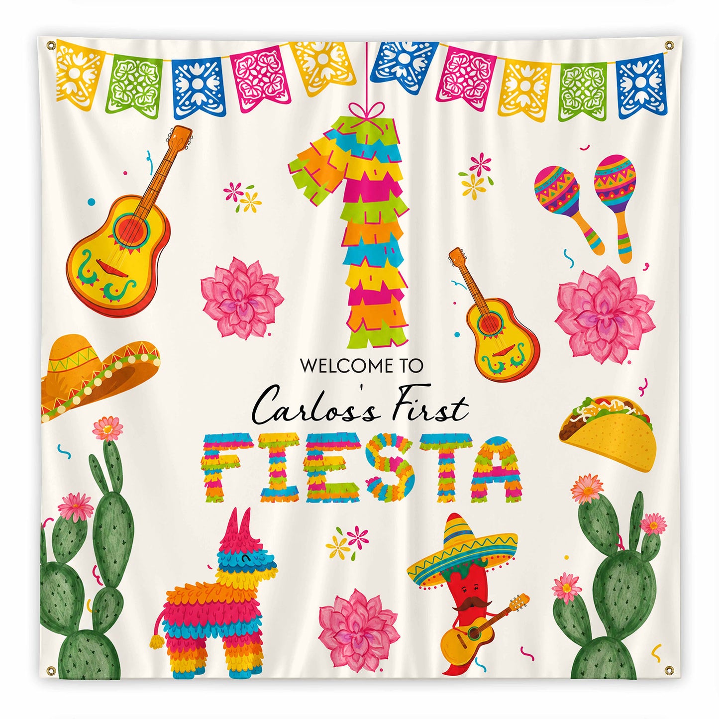 Welcome To Our First Fiesta Piñata Sombrero And Guitar - Personalized Backdrop - HSP073_BADRO