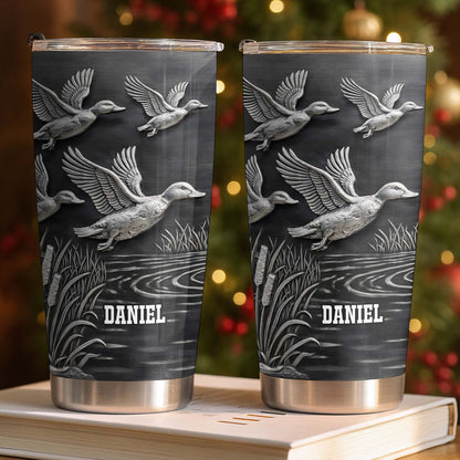 Geese In Flight Over Tranquil Landscape Tumbler