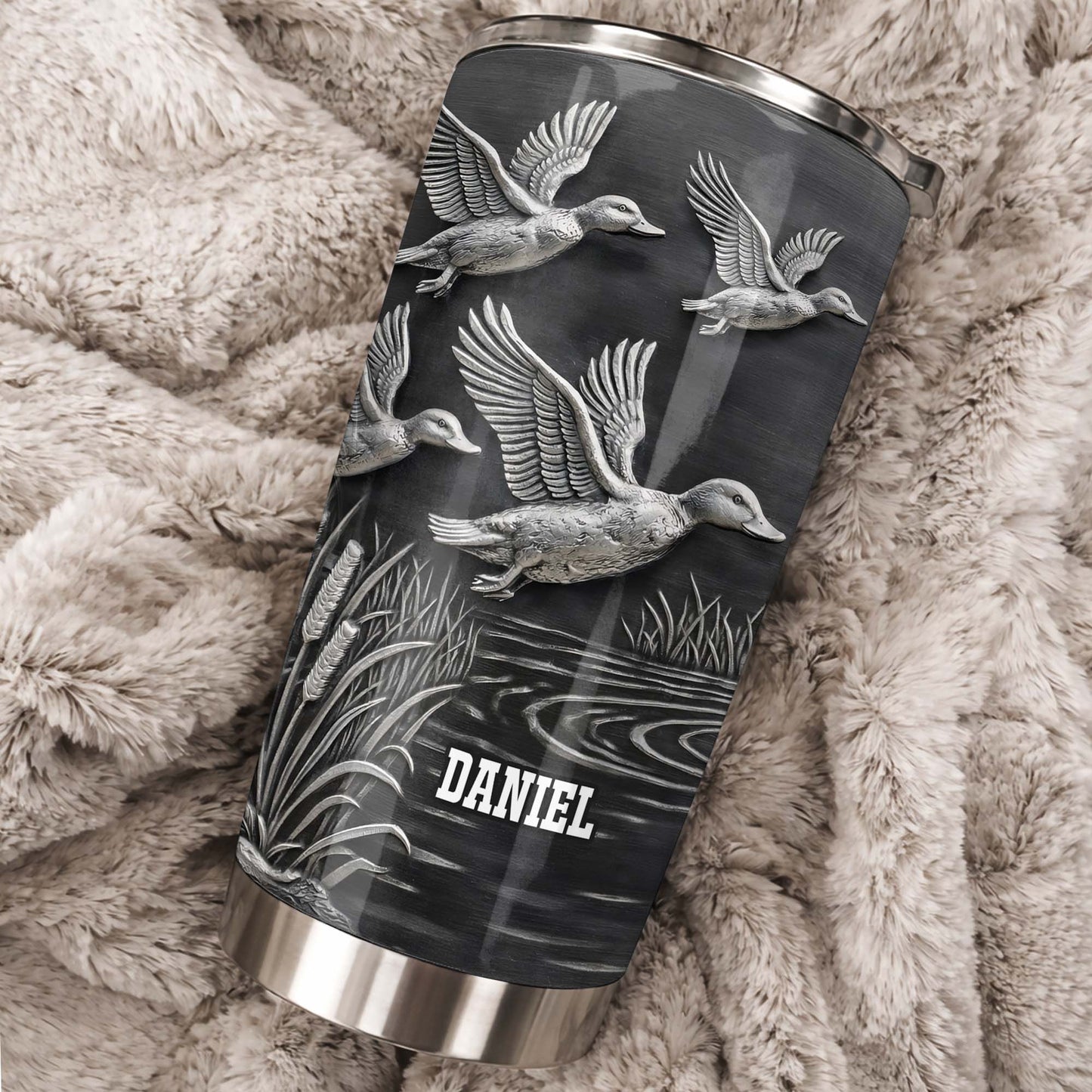 Geese In Flight Over Tranquil Landscape Tumbler