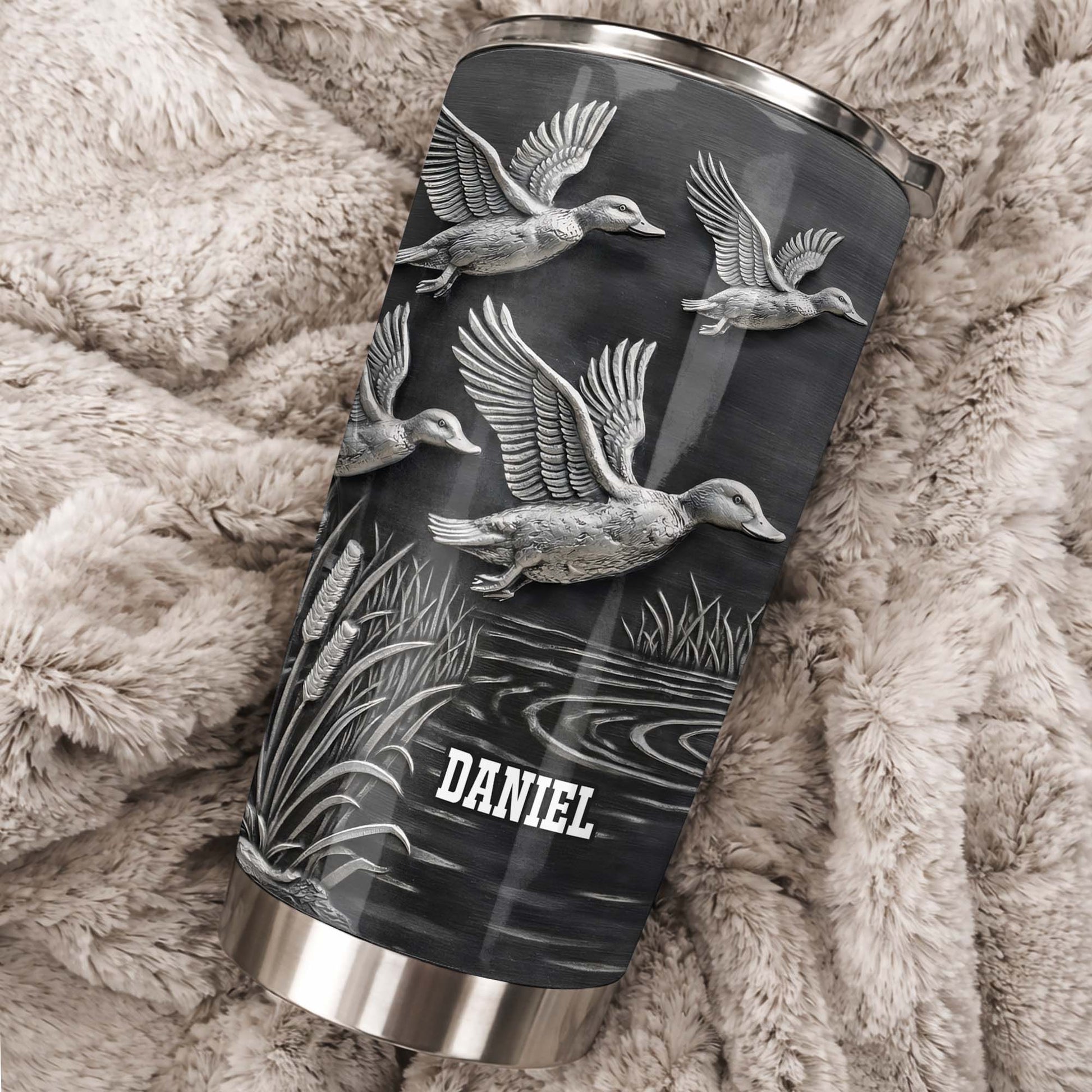 Geese In Flight Over Tranquil Landscape Tumbler