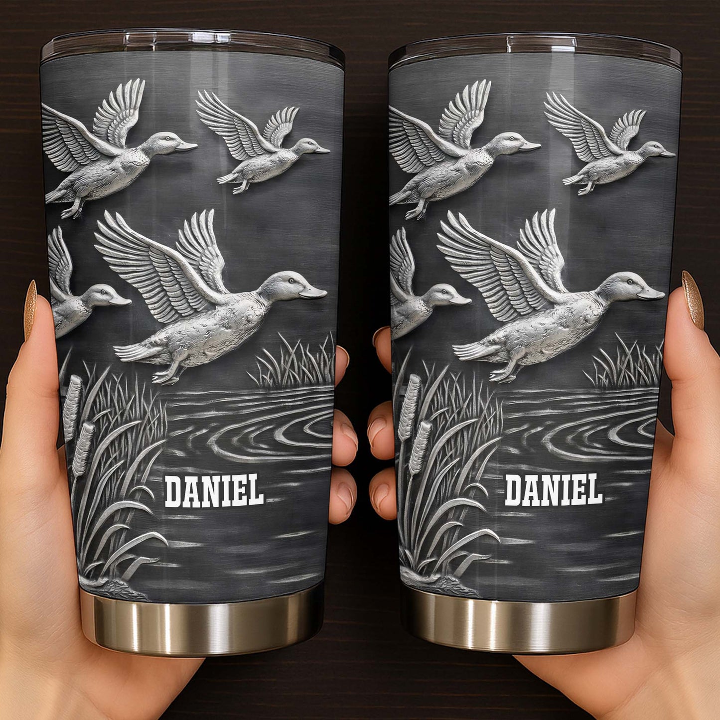 Geese In Flight Over Tranquil Landscape Tumbler