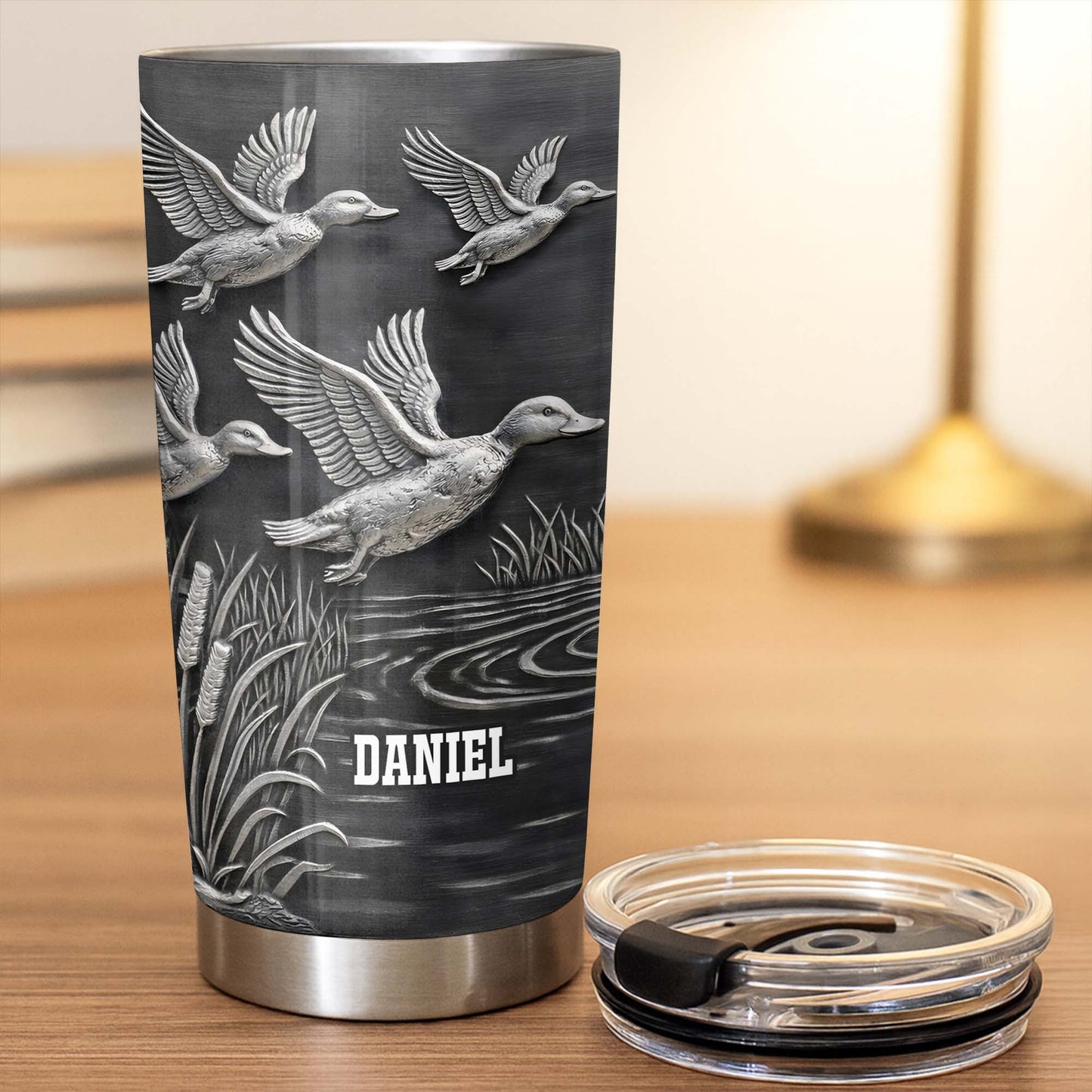 Geese In Flight Over Tranquil Landscape Tumbler
