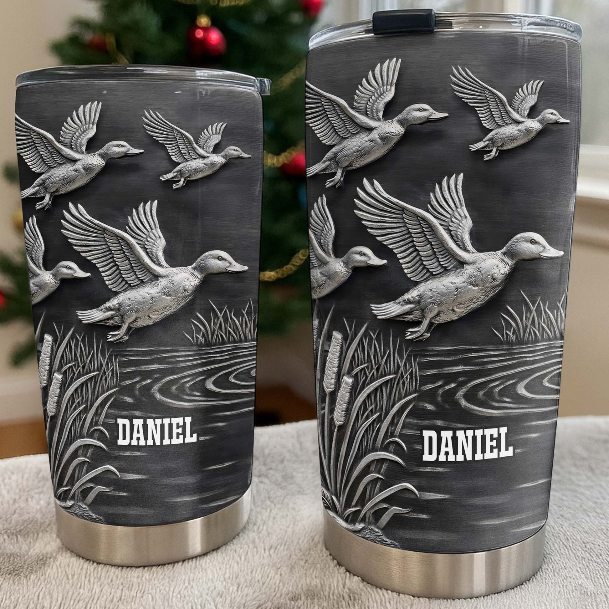 Geese In Flight Over Tranquil Landscape Tumbler