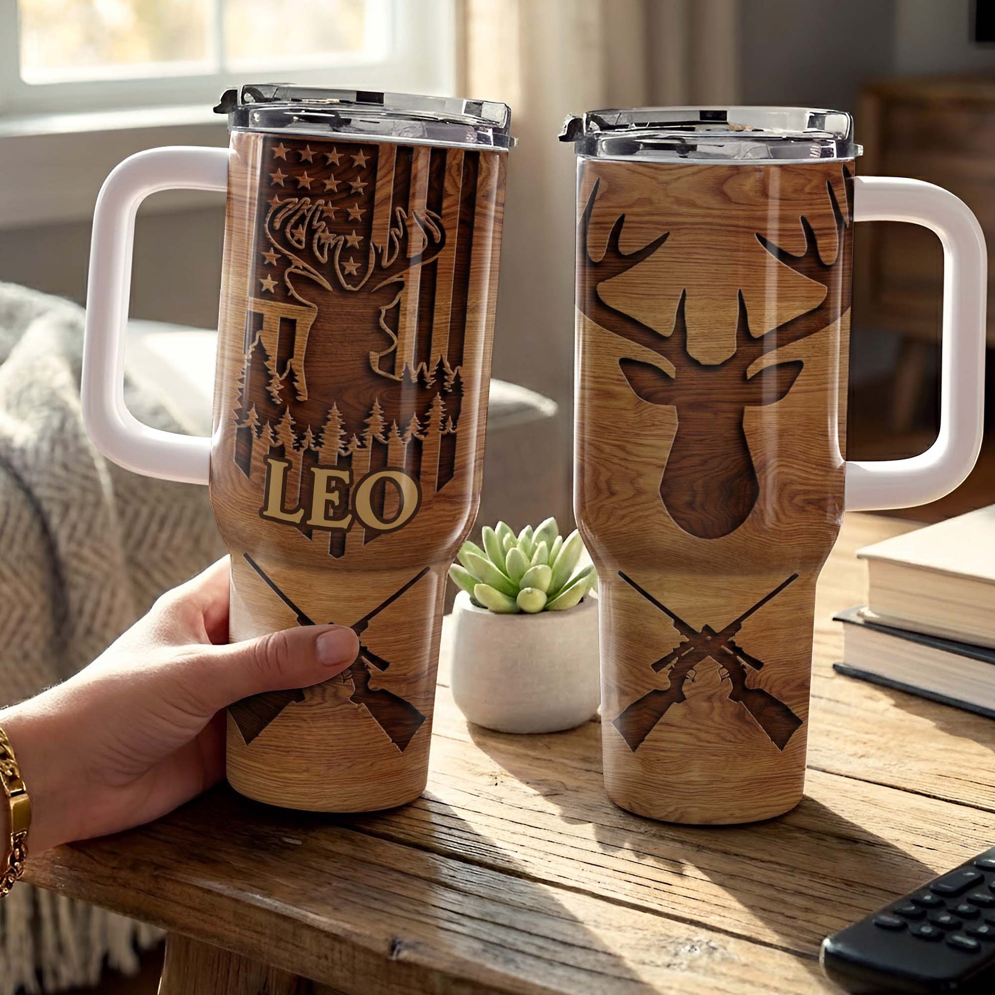 American Flag And Deer Hunting Spirit With Antlers And Rifles