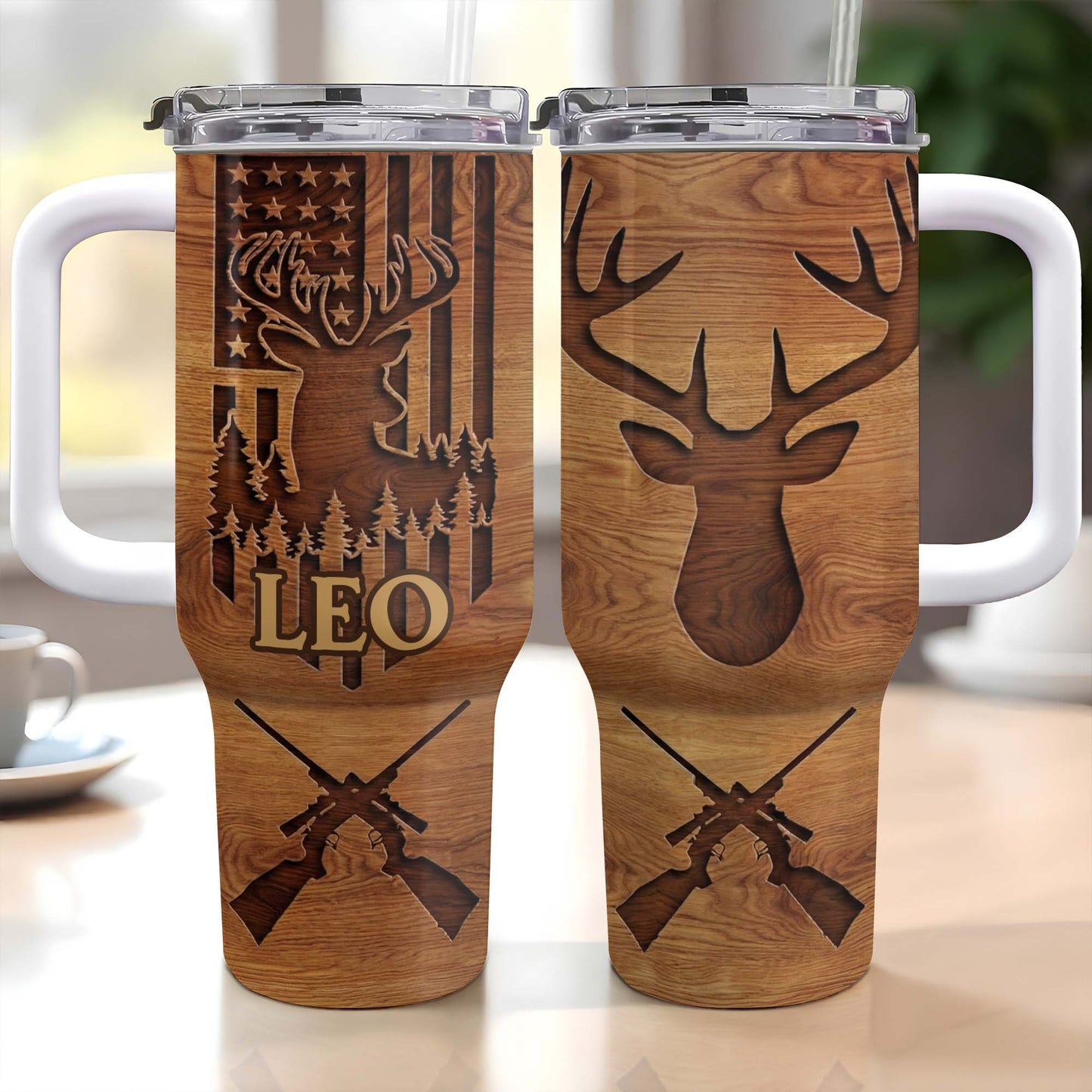 American Flag And Deer Hunting Spirit With Antlers And Rifles