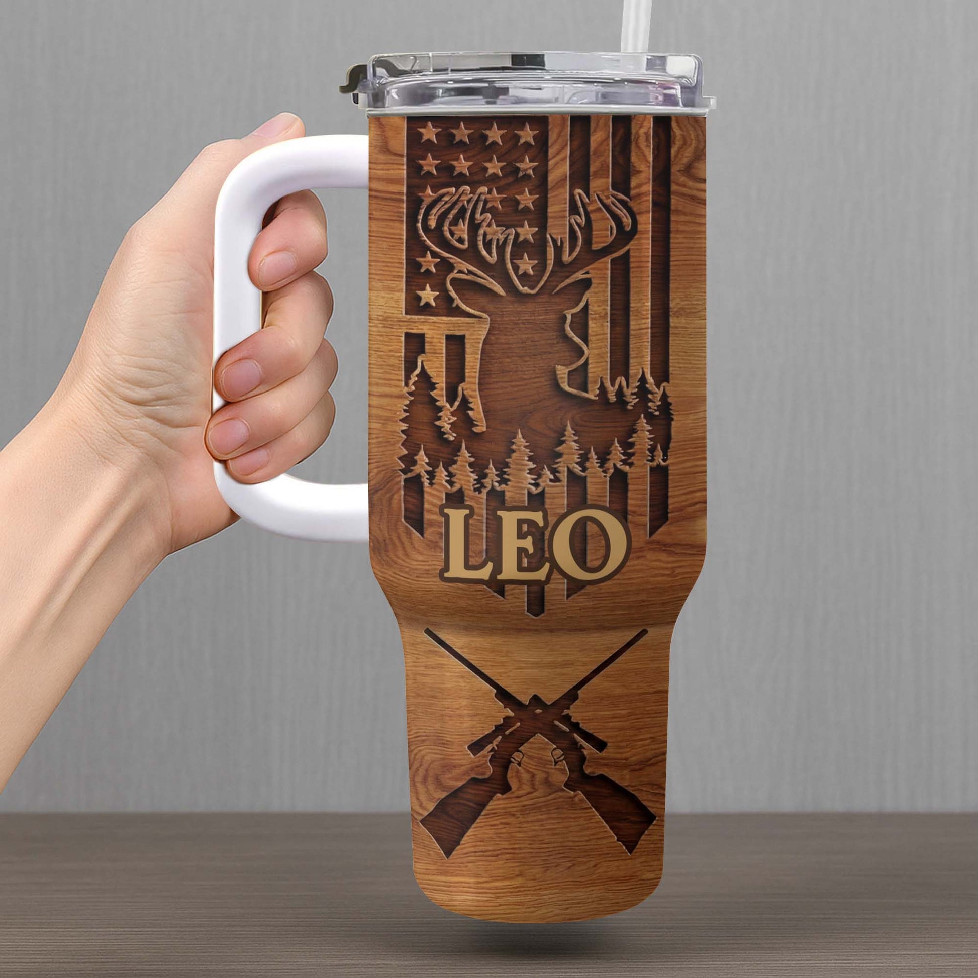 American Flag And Deer Hunting Spirit With Antlers And Rifles