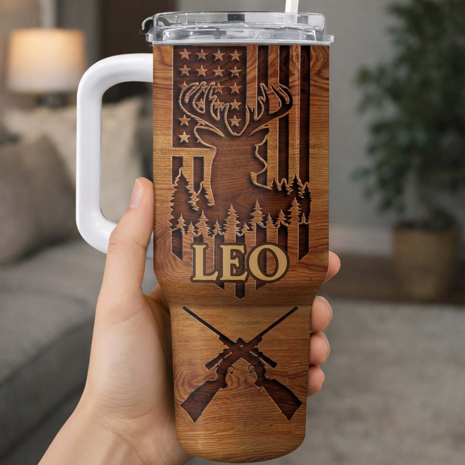 American Flag And Deer Hunting Spirit With Antlers And Rifles