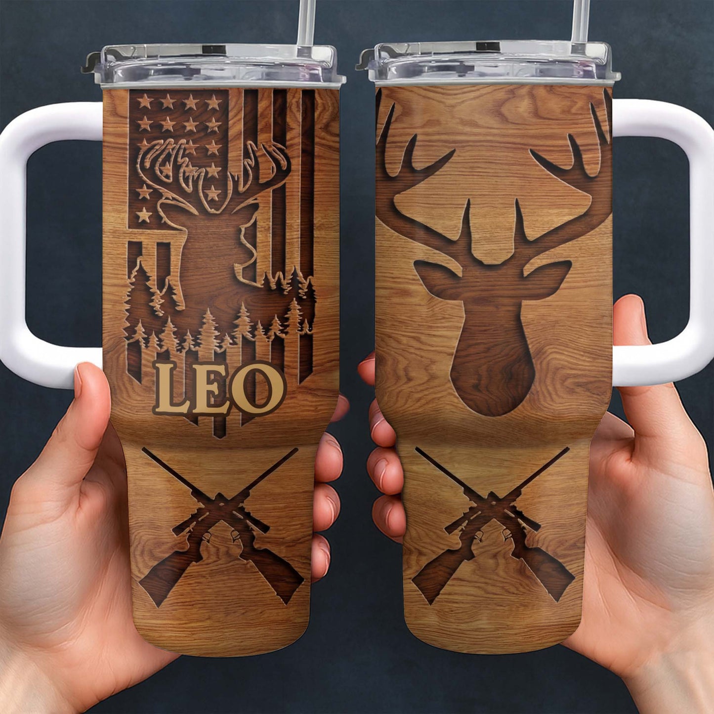 American Flag And Deer Hunting Spirit With Antlers And Rifles