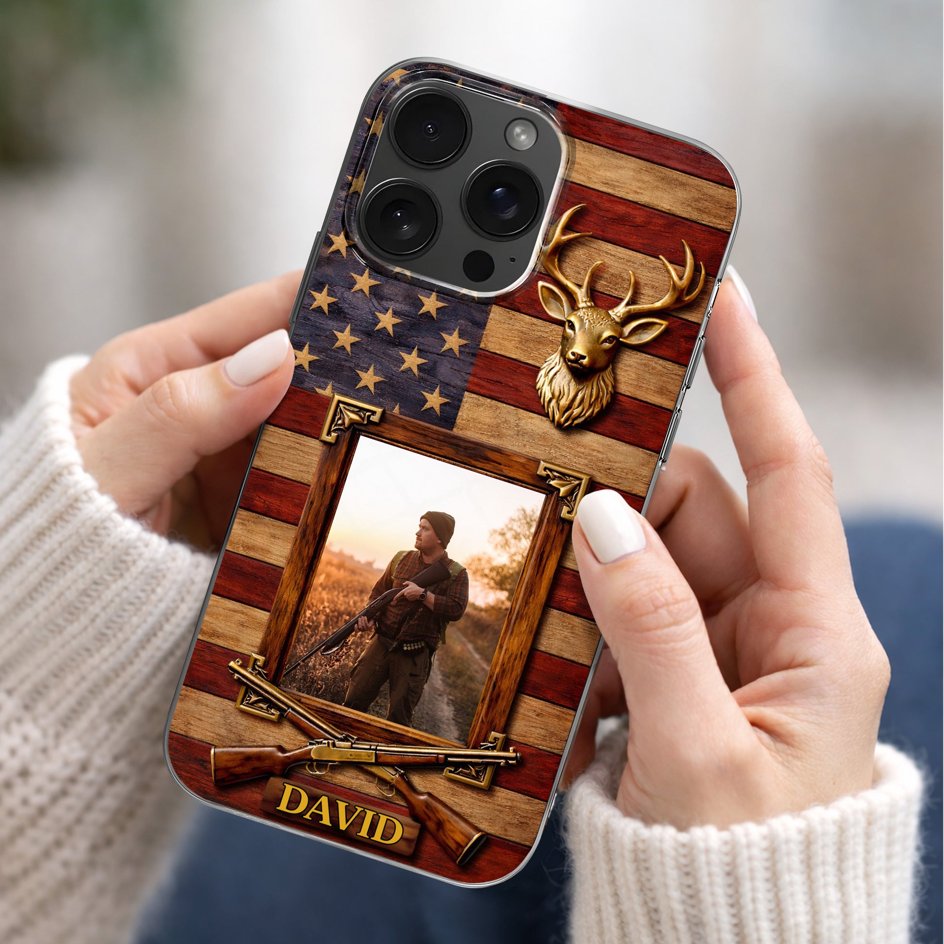 A Hunter's Pride American Flag Deer Head And Rifles