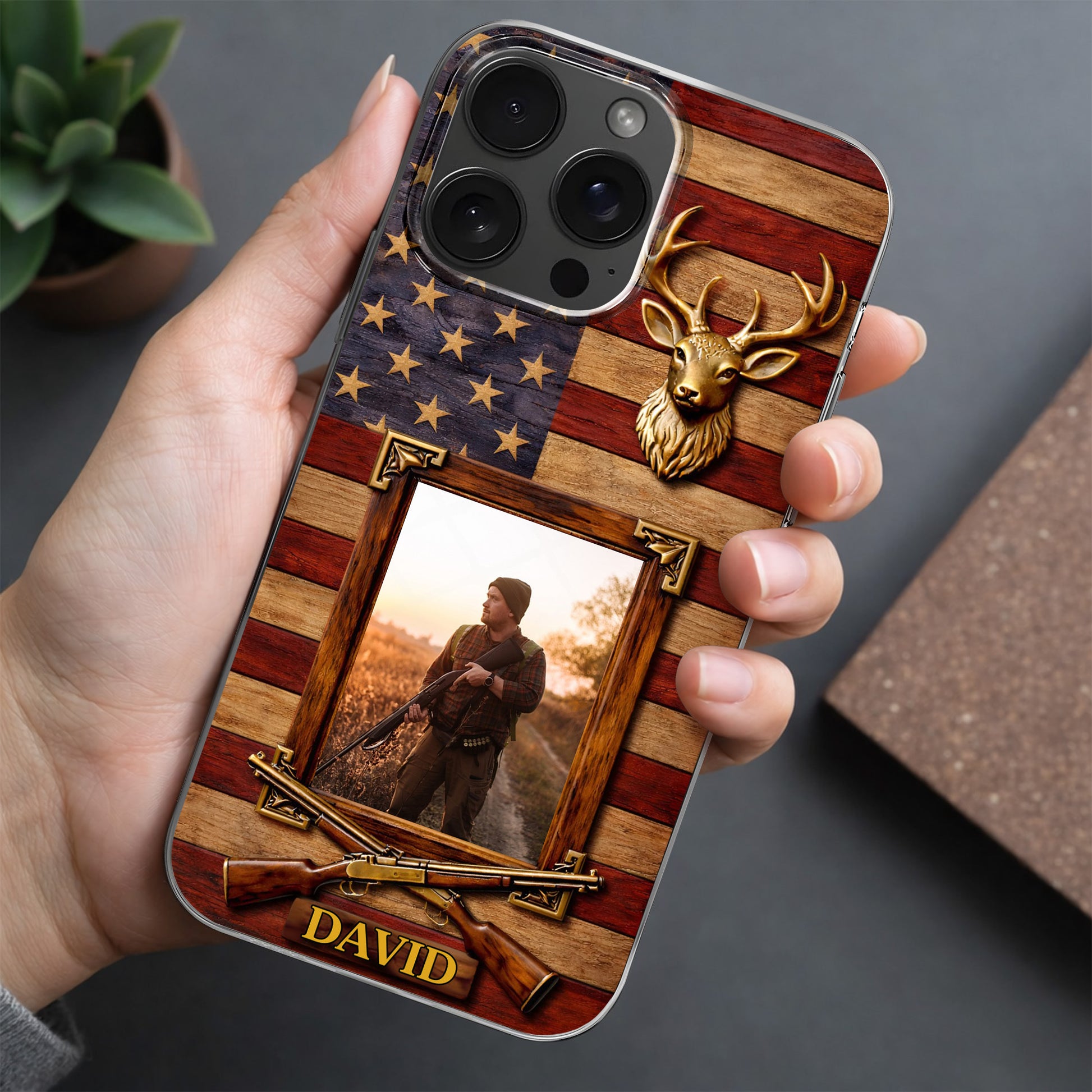 A Hunter's Pride American Flag Deer Head And Rifles