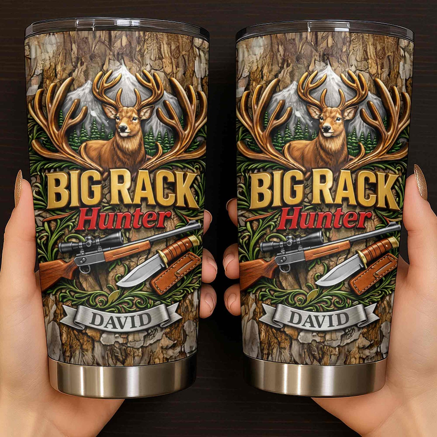Big Rack Hunter Deer Antlers With Rifle And Hunting Knife - Personalized Custom Stainless Steel Tumbler 20oz 30oz - HTG019_TB