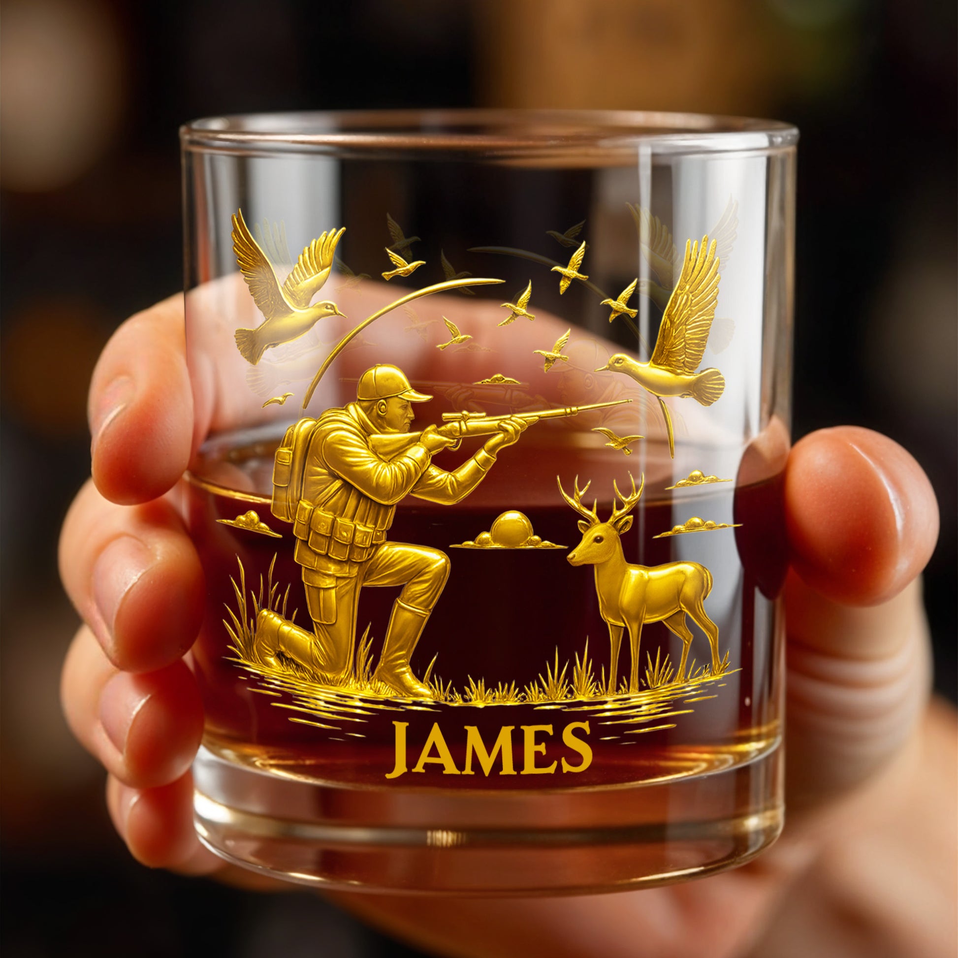 Hunter And Deer Surrounded By Flying Birds