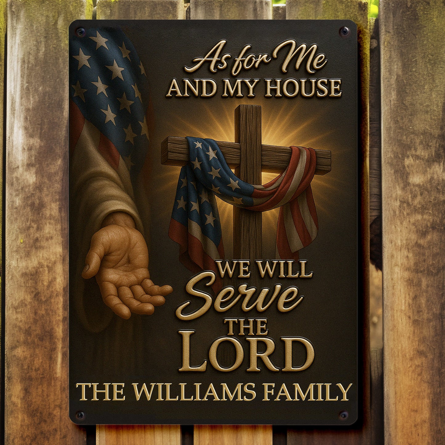 As for Me and My House We Will Serve the Lord, Cross and American Flag