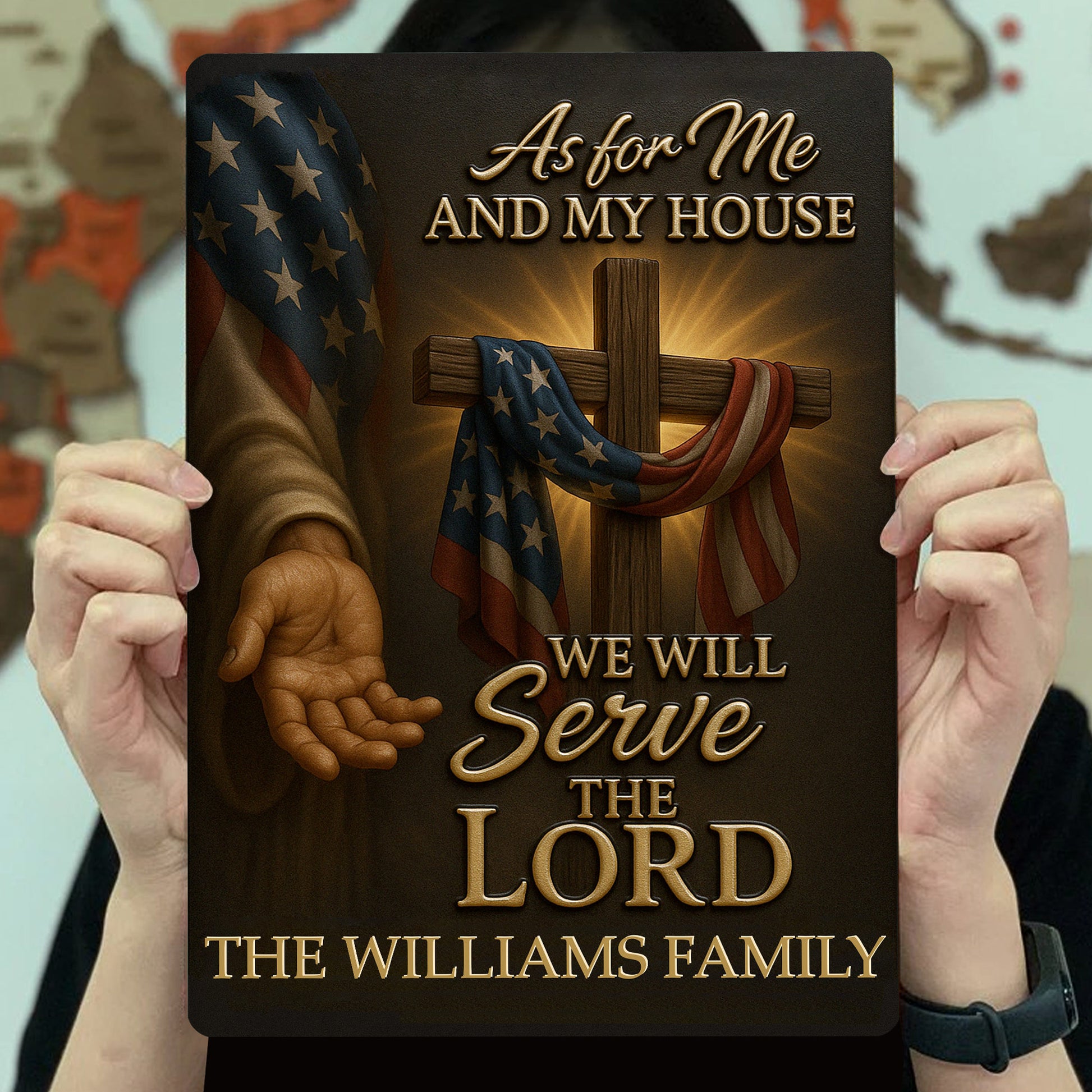As for Me and My House We Will Serve the Lord, Cross and American Flag