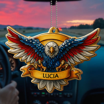 United States Bald Eagle With Flag Wings - Personalized Custom Wood Ornament, Car Hanging Ornament - INDE002_WCA