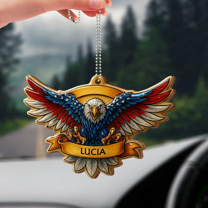 United States Bald Eagle With Flag Wings - Personalized Custom Wood Ornament, Car Hanging Ornament - INDE002_WCA