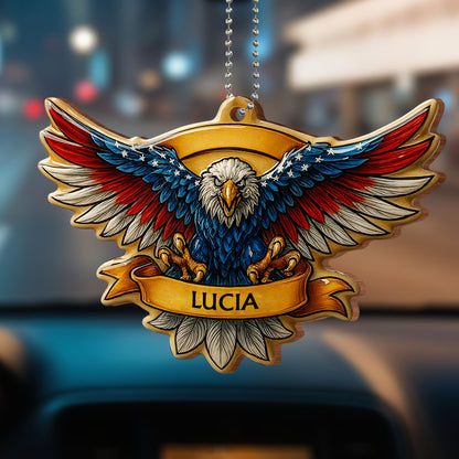 United States Bald Eagle With Flag Wings - Personalized Custom Wood Ornament, Car Hanging Ornament - INDE002_WCA
