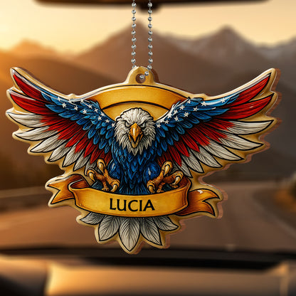 United States Bald Eagle With Flag Wings - Personalized Custom Wood Ornament, Car Hanging Ornament - INDE002_WCA