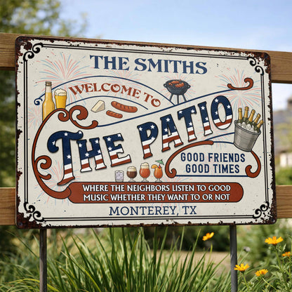 Bienvenidos al patio, buenos amigos, buenos momentos, para propietarios - Letrero metálico personalizado - INDE003_MSIGN