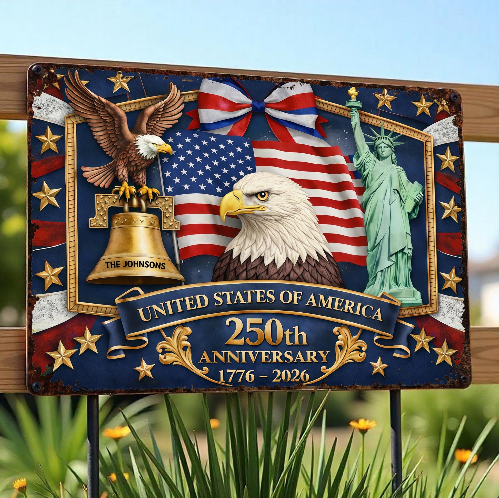 United States Of America Anniversary Bald Eagle Flag And Statue Of Liberty