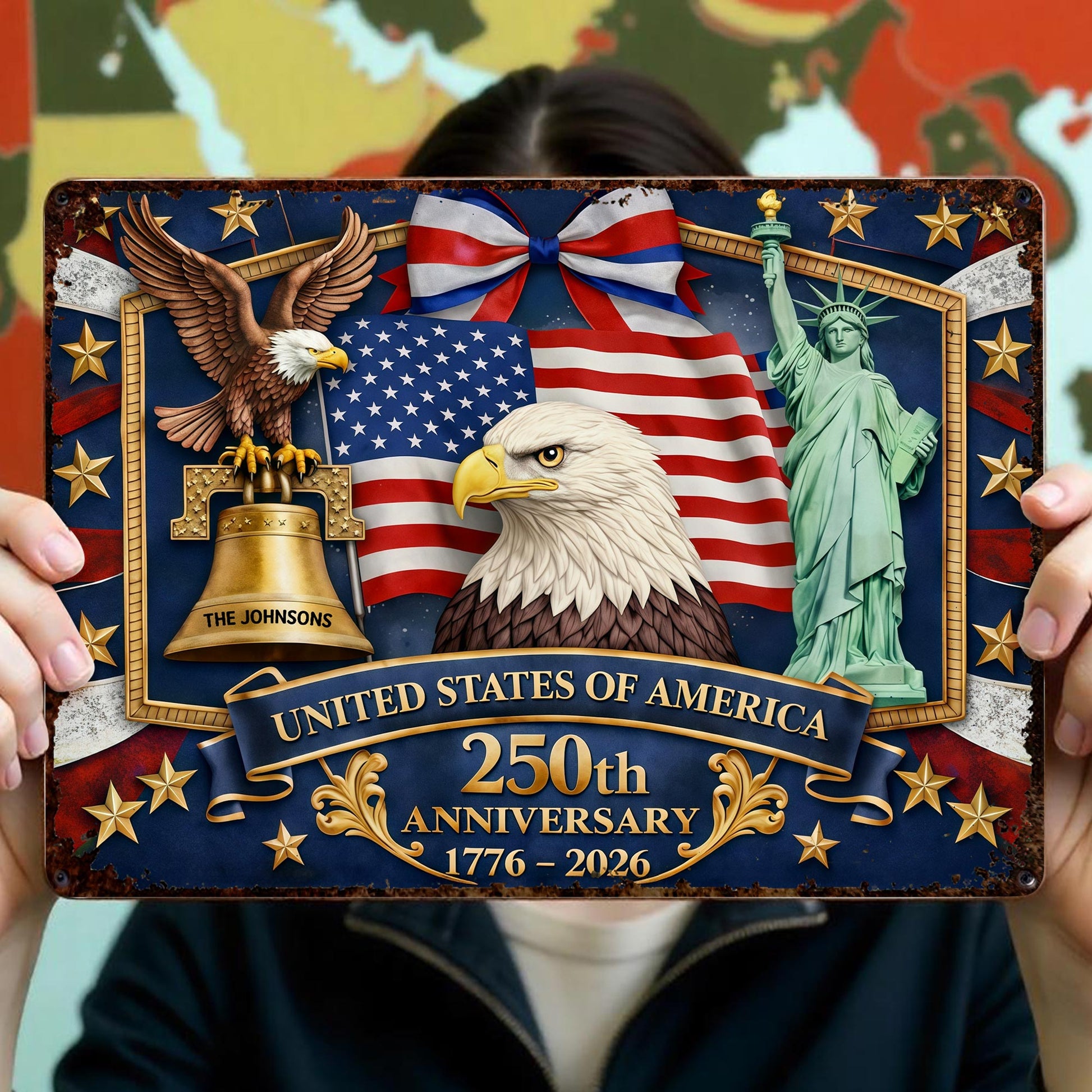 United States Of America Anniversary Bald Eagle Flag And Statue Of Liberty