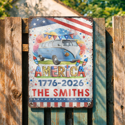America Vintage Van With Fireworks And American Flag Custom Family Name - Personalized Metal Sign - INDE018_MSIGN