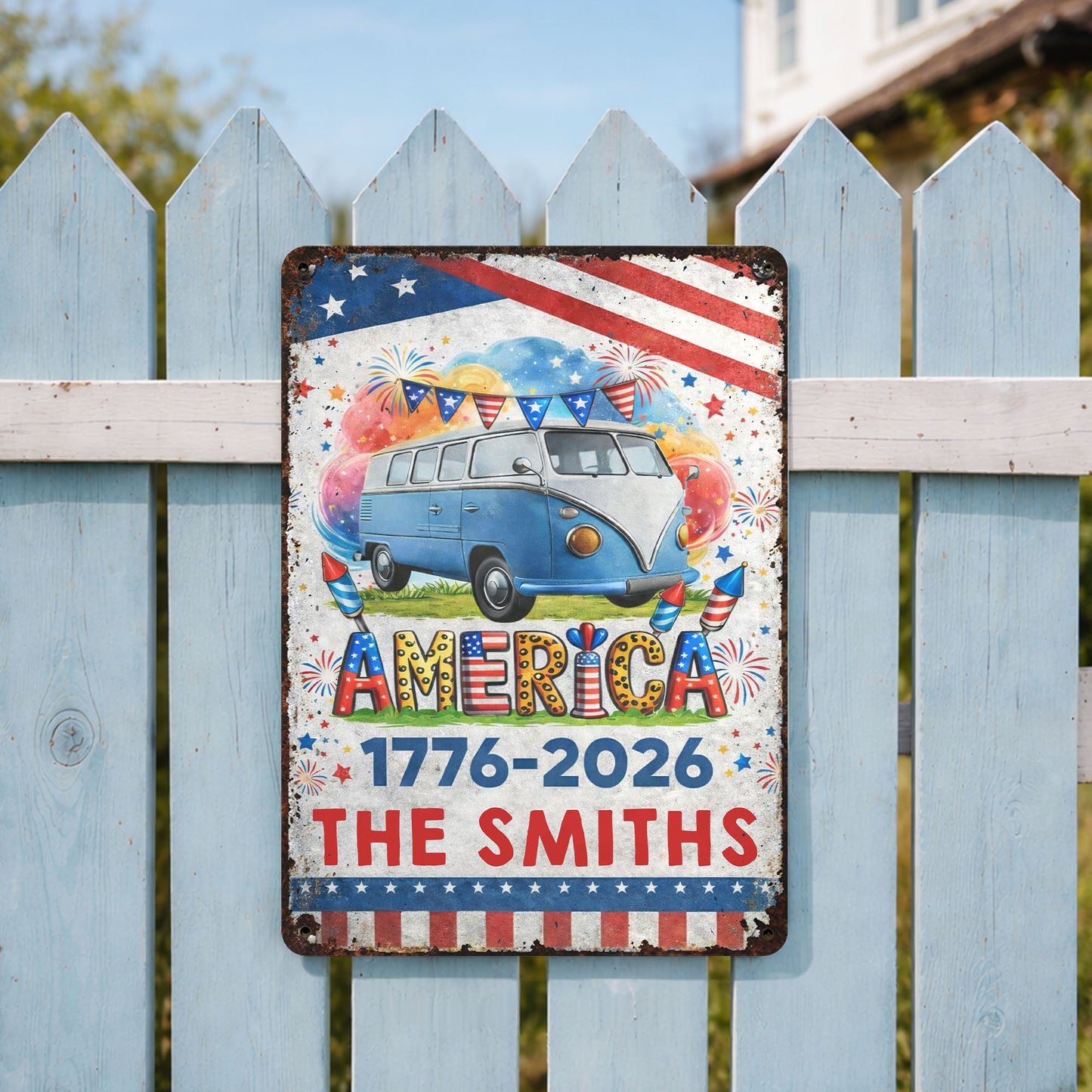 America Vintage Van With Fireworks And American Flag Custom Family Name - Personalized Metal Sign - INDE018_MSIGN