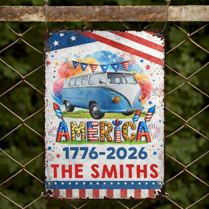 America Vintage Van With Fireworks And American Flag Custom Family Name - Personalized Metal Sign - INDE018_MSIGN