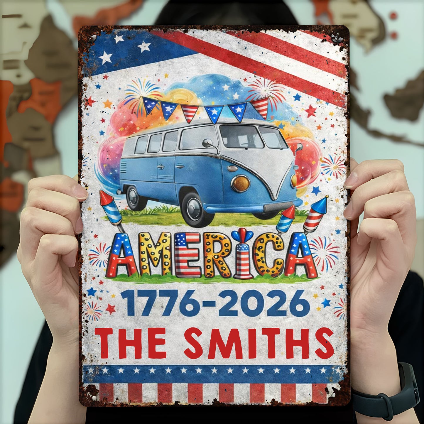 America Vintage Van With Fireworks And American Flag Custom Family Name - Personalized Metal Sign - INDE018_MSIGN