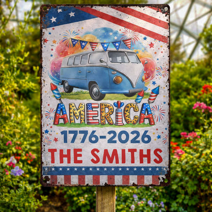 America Vintage Van With Fireworks And American Flag Custom Family Name - Personalized Metal Sign - INDE018_MSIGN
