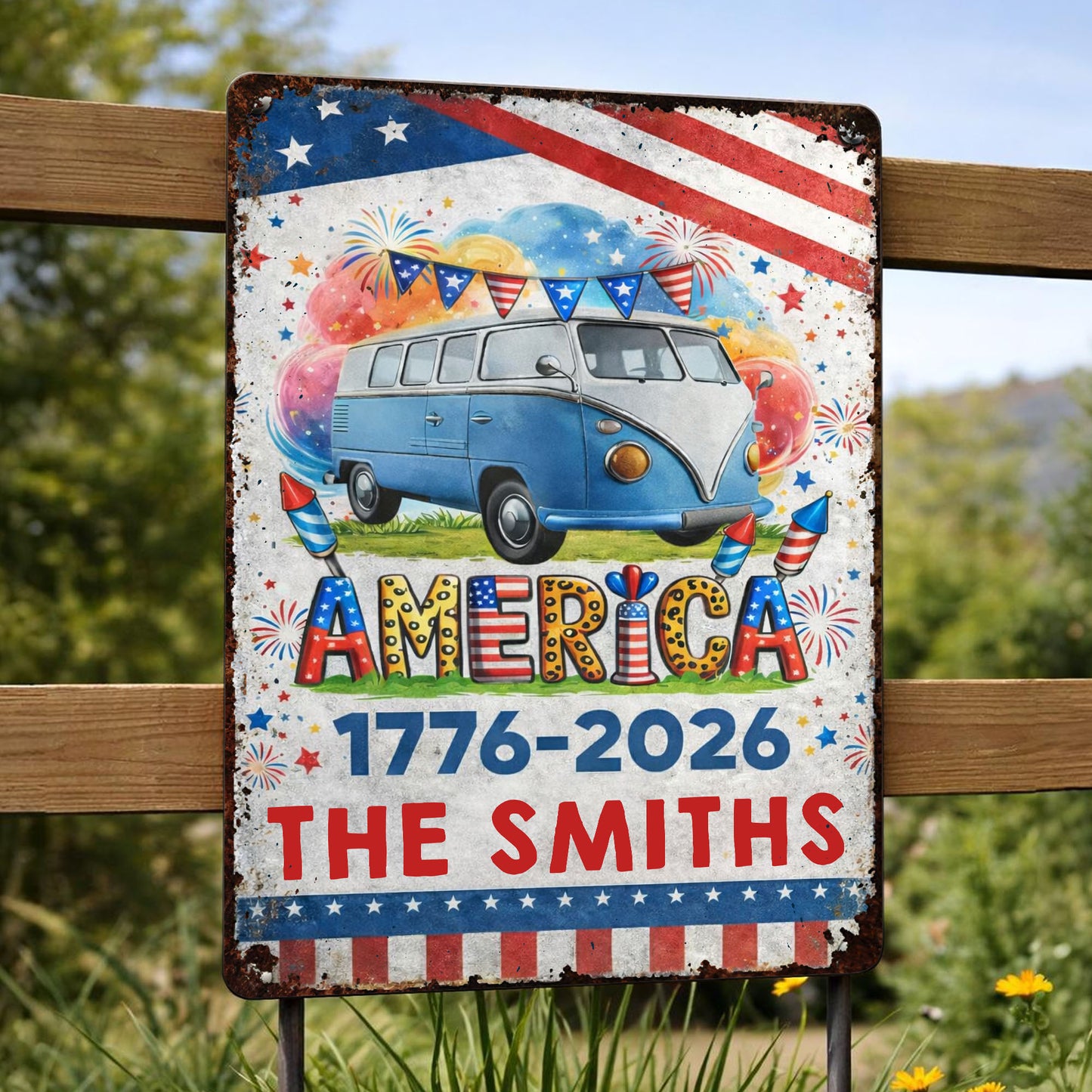 America Vintage Van With Fireworks And American Flag Custom Family Name - Personalized Metal Sign - INDE018_MSIGN